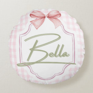 Personalized Bella Baby Girl Nursery Bow&Gingham Round Cushion
