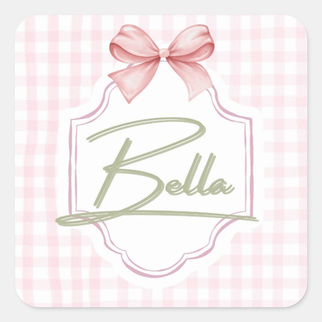 Personalized Bella Baby Girl Nursery Bow&Gingham Square Sticker (Front)