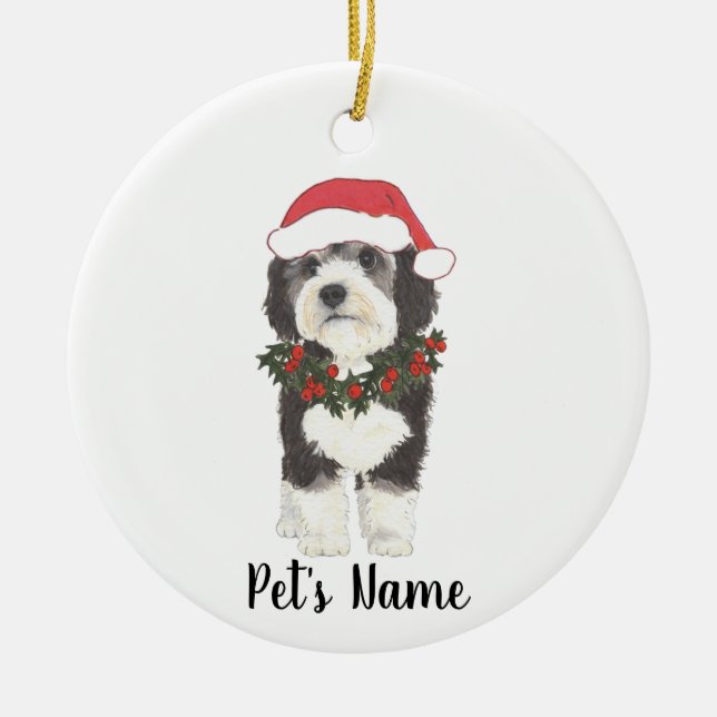 Personalized Bernedoodle Santa Hat Christmas Ceramic Tree Decoration (Front)