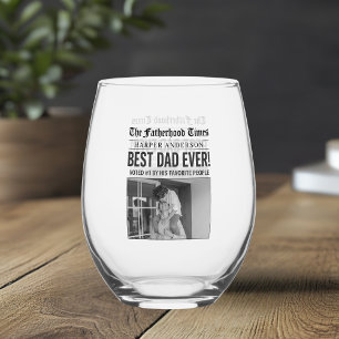 Personalized Best Dad Ever Newspaper Headline Stemless Wine Glass
