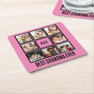 Personalized Best Grandma Ever 8 Photo Collage Square Paper Coaster