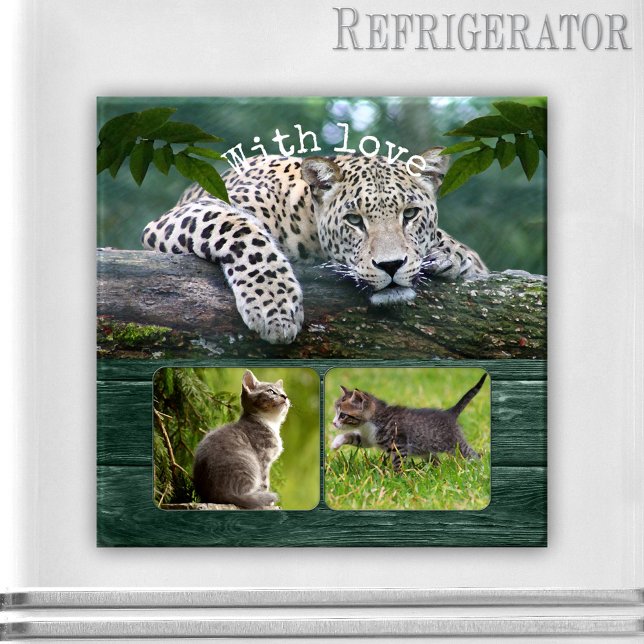 Personalized Big Cat Your Animal Photos Magnet (Photo magnet featuring a lovely big cat resting on a tree branch overlooking your personal photos)