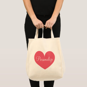 Personalized big pink heart grocery tote bag