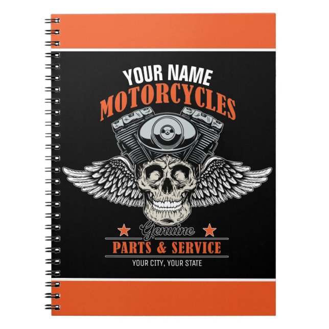 Personalized Biker Flying Skull Motorcycle Shop  Notebook (Front)