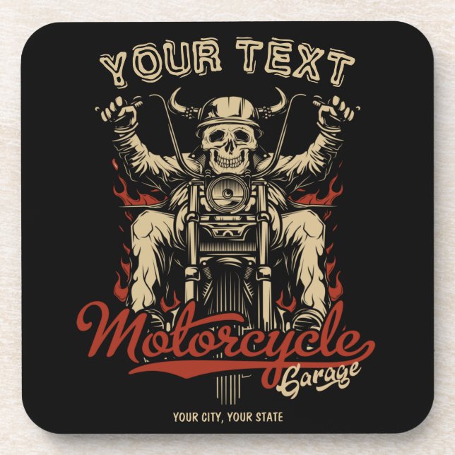 Personalized Biker Skeleton Motorcycle Shop Garage Coaster (Front)