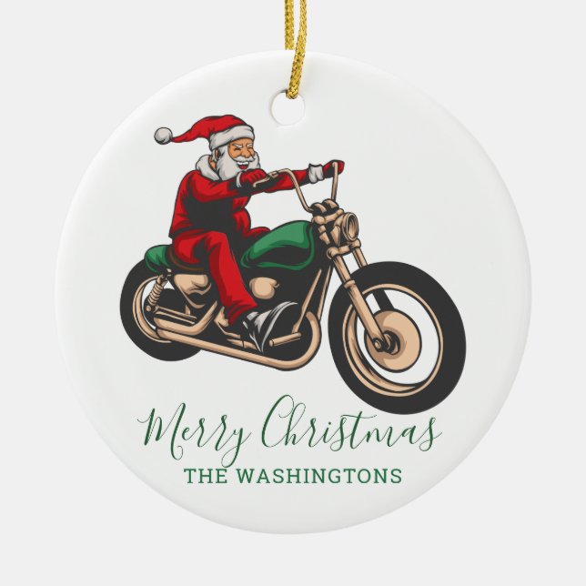 Personalized Biking Santa Christmas Ceramic Tree Decoration (Front)
