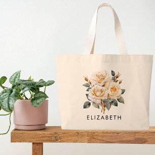 Personalized Birth Month Flower Custom Name Canvas Large Tote Bag