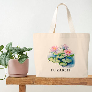Personalized Birth Month Flower Custom Name Canvas Large Tote Bag