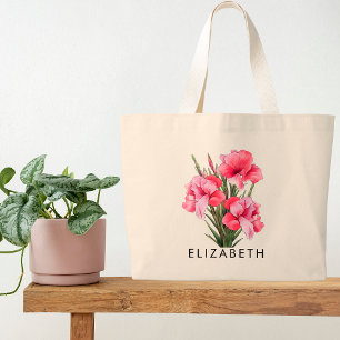 Personalized Birth Month Flower Custom Name Canvas Large Tote Bag