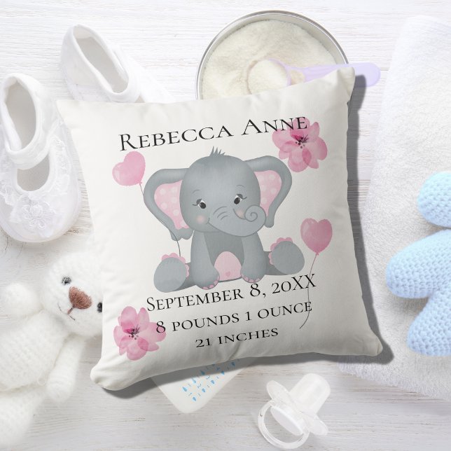 Personalized Birth Stats Baby Elephant Pink Gray  Cushion (Creator Uploaded)