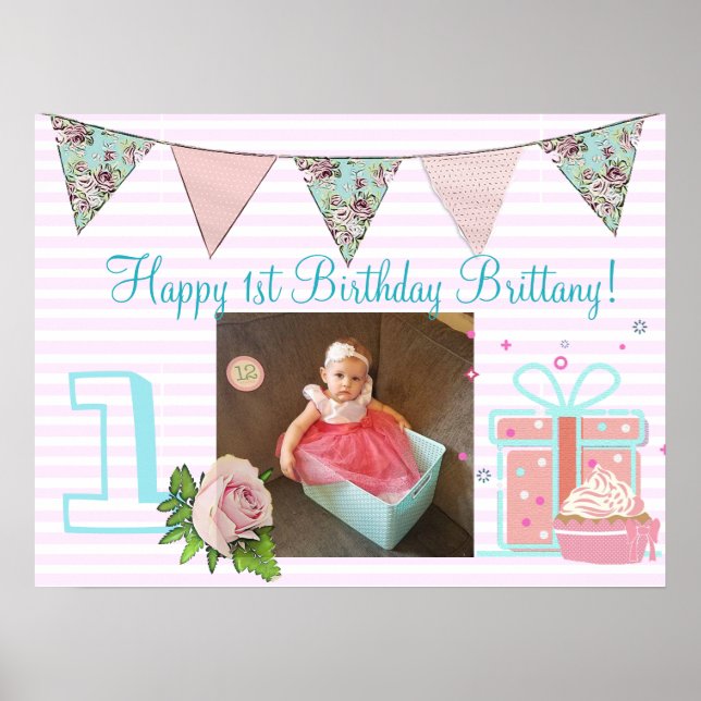 Personalized  Birthday Banner for1st Birthday Girl Poster (Front)