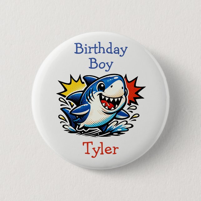 Personalized Birthday Boy Pop Art Shark 6 Cm Round Badge (Front)