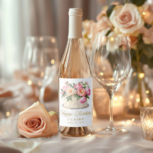 Personalized Birthday Cake Feminine Floral Wine Label