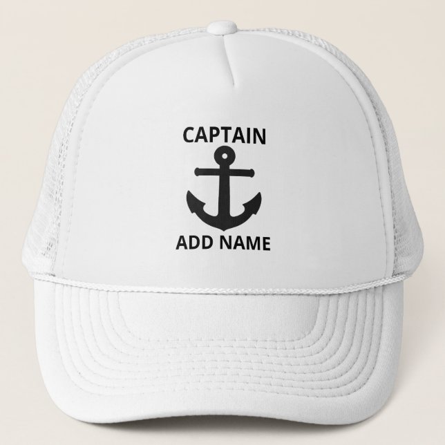 Personalized Black Anchor Captain Name Trucker Hat (Front)
