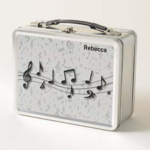 Personalized black and gray musical notes metal lunch box