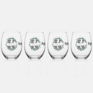 Personalized Black And White Buffalo Plaid (K) Stemless Wine Glass