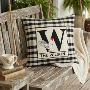 Personalized Black and White Buffalo Plaid Rooster Cushion