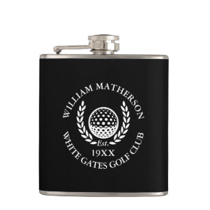 Personalized Black And White Golf Club Name Hip Flask