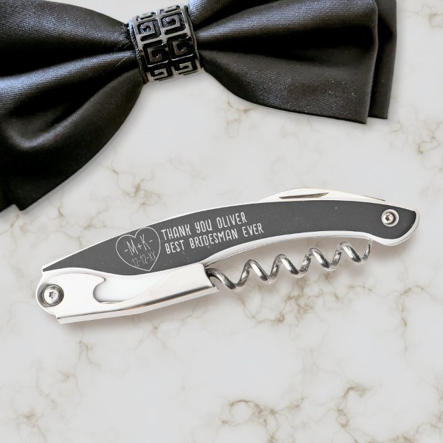 Personalized Black and White Thank You Wedding Corkscrew (Do you know the Best Bridesman ever? This is a wedding favor just for him -works for bridesmaids too)