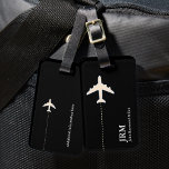 personalized black and white travel airplane luggage tag<br><div class="desc">An elegant item with the graphic image of a white plane on black(custom color),  to identify your belongings</div>