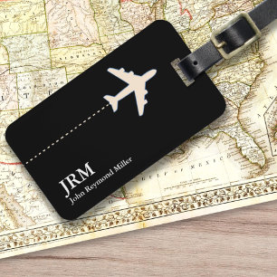 personalized black and white travel airplane luggage tag