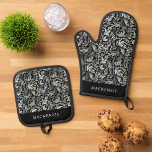 Personalized Black Botanical Watercolor Pattern Oven Mitt & Pot Holder Set