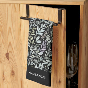 Personalized Black Botanical Watercolor Pattern Tea Towel
