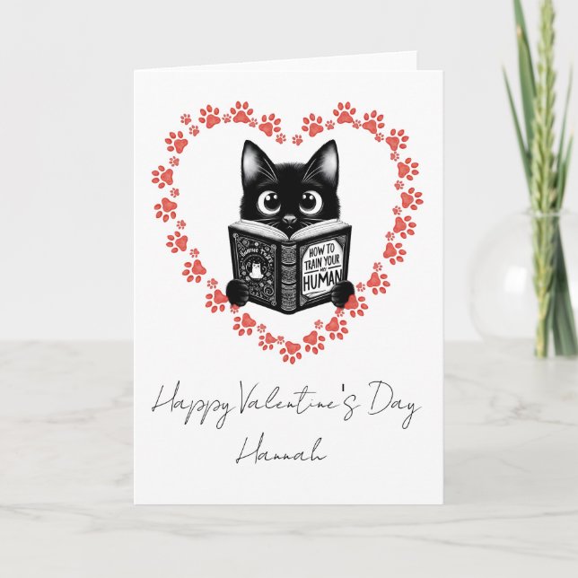 Personalized Black Cat Book Lover Valentine's Card (Front)