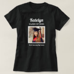 Personalized Black Class of 2026 Graduation Photo T-Shirt<br><div class="desc">Modern and minimal black graduation t-shirt design features a square photo of the graduate framed in white with simple and classic first name,  class year,  and school name wording that can be personalized. Shirt colors and style can be modified to coordinate with school or party colors.</div>