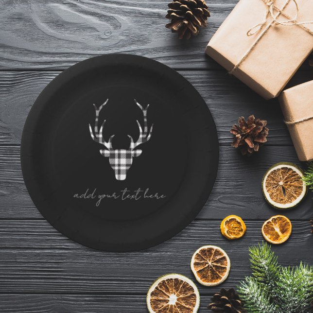 Personalized Black  Deer Christmas Paper Plates (chi paper plate for christmas. modern black plaid check deer. )