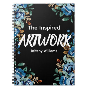 Personalized Black floral Artist Sketchbook Notebook