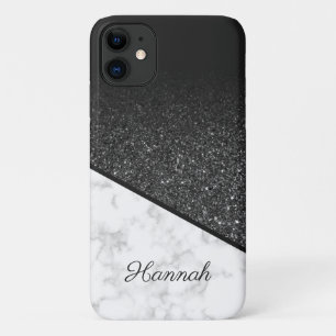 Personalized Black Glitter - White Marble iPhone 11 Case