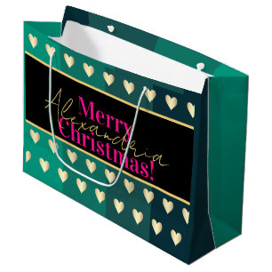 Personalized Black Gold Hot Pink Heart Christmas Large Gift Bag