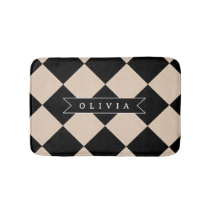 Personalized Black Harlequin Checkered Diamond Bath Mat