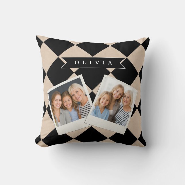 Personalized Black Harlequin Checkered Diamond Cushion (Front)
