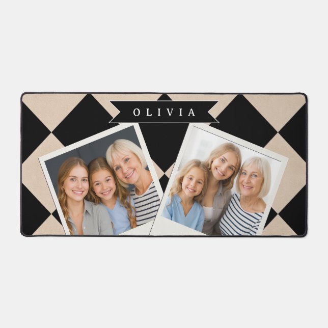 Personalized Black Harlequin Checkered Diamond Desk Mat (Front)