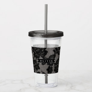 Personalized Black Lace Floral Elegant Monogram Acrylic Tumbler