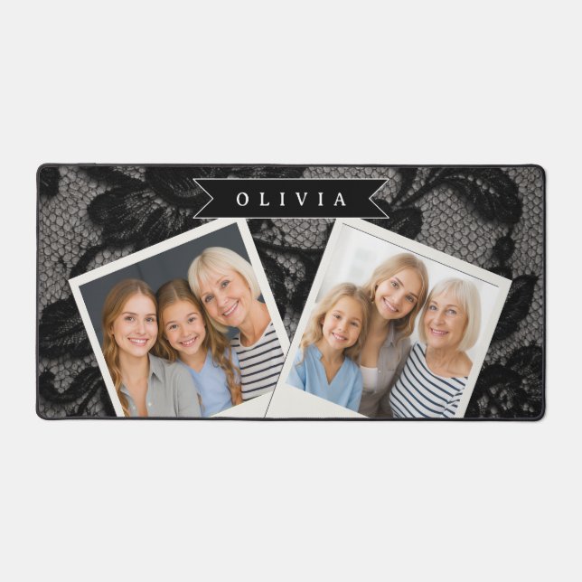 Personalized Black Lace Floral Elegant Monogram Desk Mat (Front)
