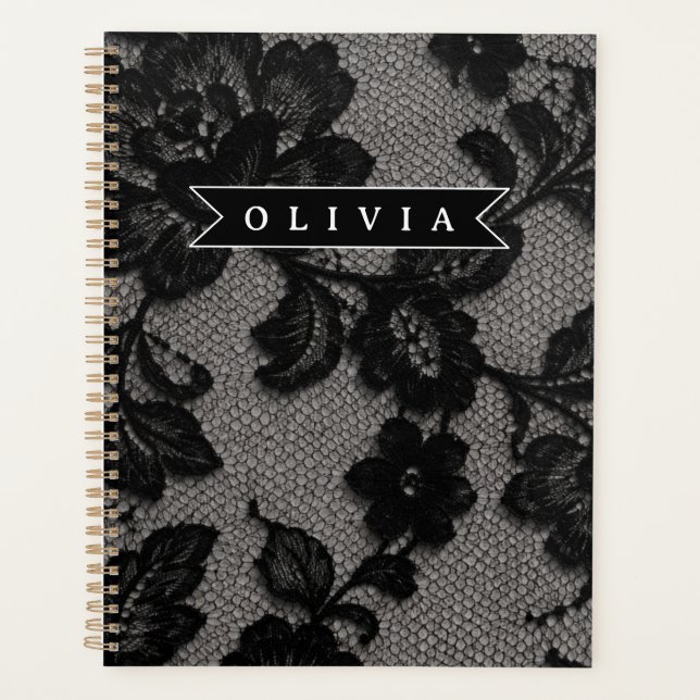 Personalized Black Lace Floral Elegant Monogram Planner (Front)