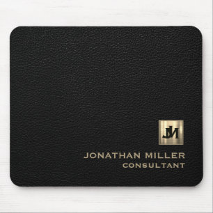 Personalized Black Leather Print Gold Monogram Mouse Mat