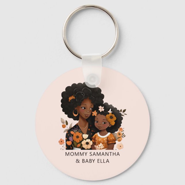 Personalized Black Mom and Daughter (13) Key Ring (Front)