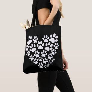 Personalized Black Paw Print Heart Tote Bag