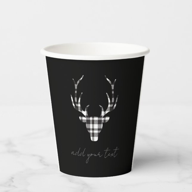 personalized black plaid check deer Christmas pape Paper Cups (Front)