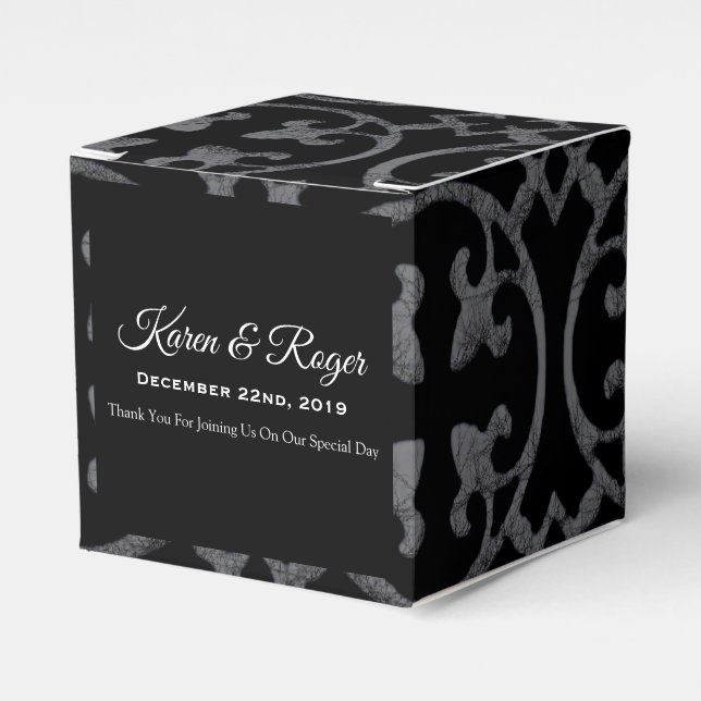 PERSONALIZED BLACK & WHITE FLEUR DE LIS WEDDING FAVOUR BOX (Front Side)