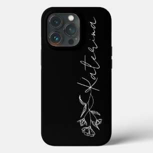 Personalized Black & White Floral Name iPhone 13 Pro Case