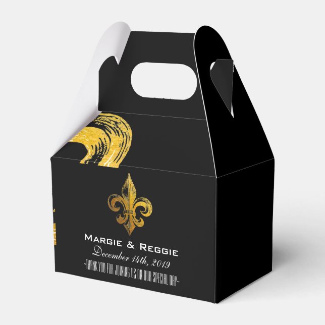 PERSONALIZED BLACK WHITE & GOLD FLEUR DE LIS FAVOR FAVOUR BOX (Front Side)