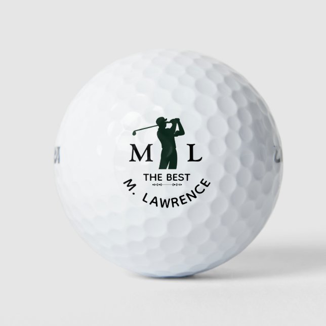 Personalized Black White Golfer Man Name Golf Balls (Front)