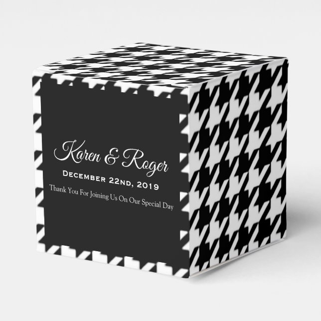 PERSONALIZED BLACK & WHITE HOUNDSTOOTH  WEDDING FAVOUR BOX (Front Side)