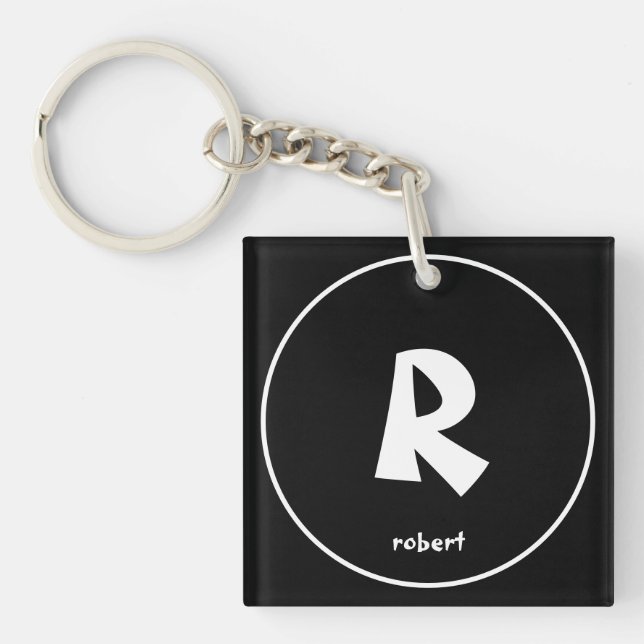 Personalized Black & White Initial Monogam Name Key Ring (Front)