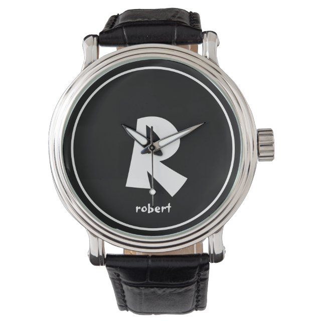 Personalized Black & White Initial Monogam Name Watch (Front)